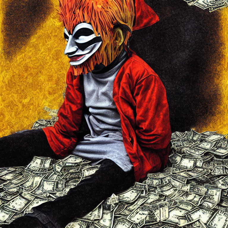 Clown mask person with money pile in red hoodie on yellow background