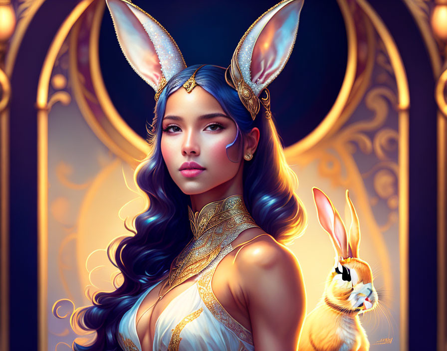 Colorful illustration of woman with bunny ears, blue hair, and golden accessories, with small rabbit shoulder