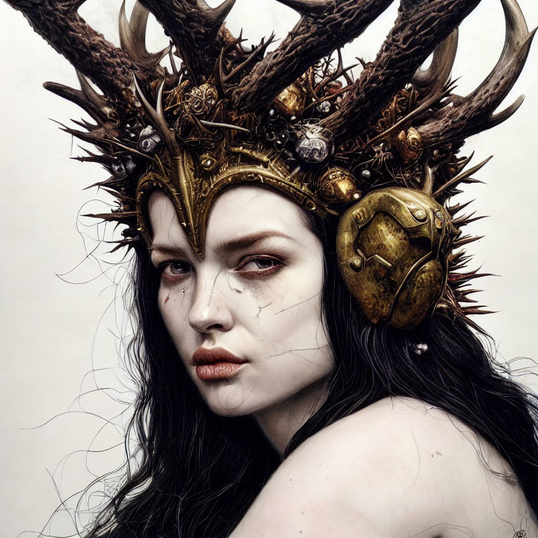 Intense gaze woman with elaborate antler headdress