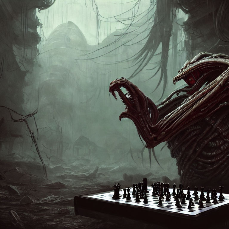 Monstrous alien creature on chessboard in misty ruins landscape