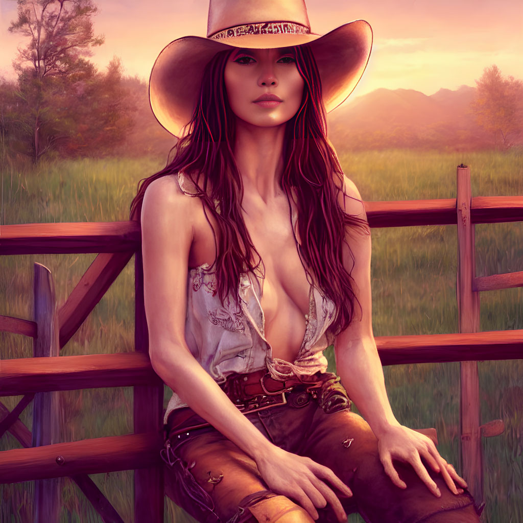Cowboy hat woman sitting on wooden fence at sunset
