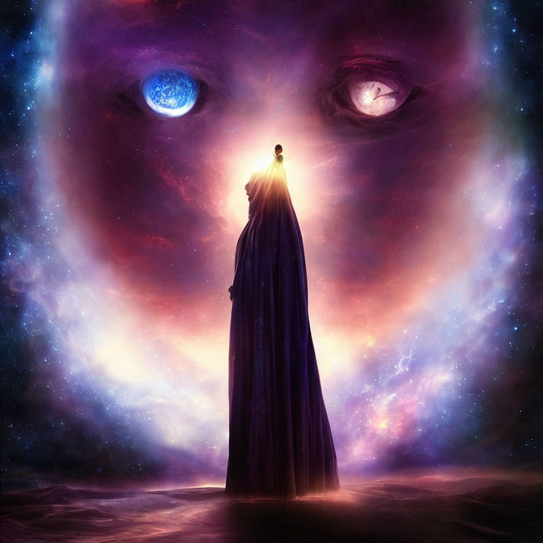 Cloaked Figure Under Cosmic Sky with Colossal Eyes