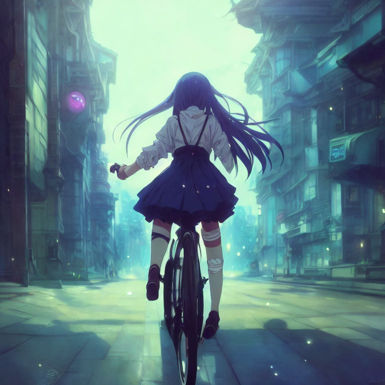 Girl in school uniform biking through futuristic cityscape