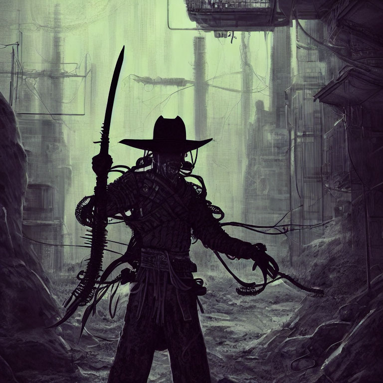 Silhouette of cowboy with sword in dystopian cityscape