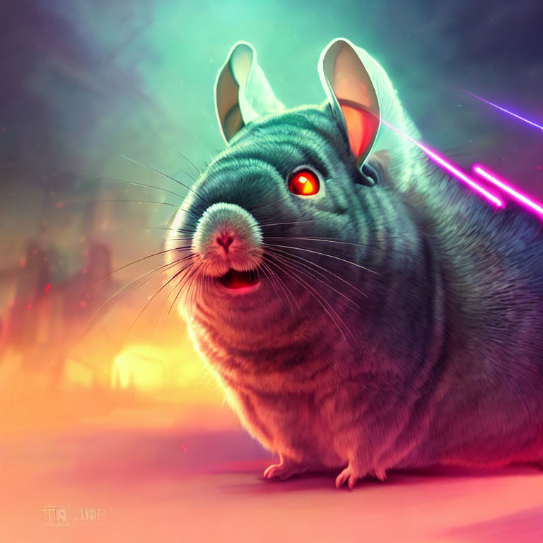 Stylized chubby rodent with red eyes in neon-lit setting