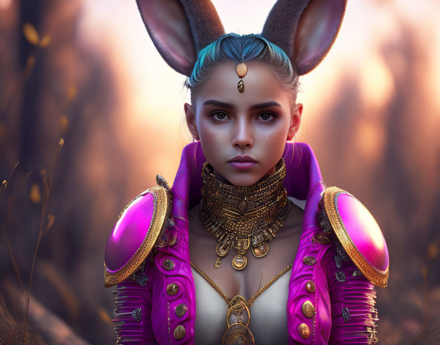 Digital artwork: Woman with rabbit ears in purple and gold outfit on bokeh-lit field