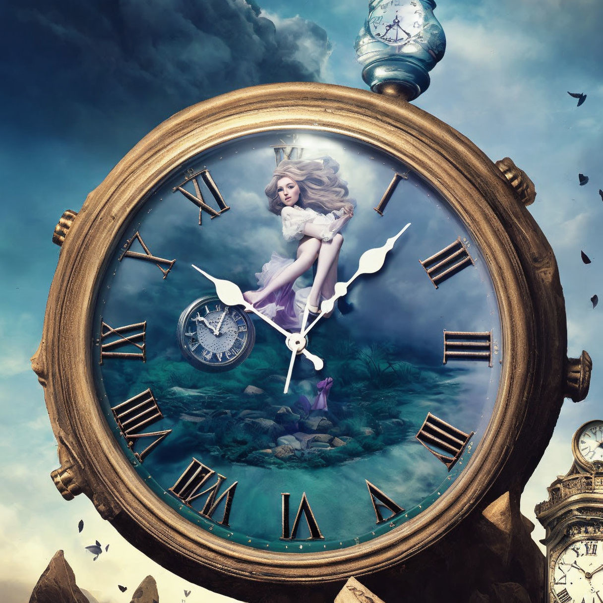 Woman with wings in ornate clock against cloudy sky.