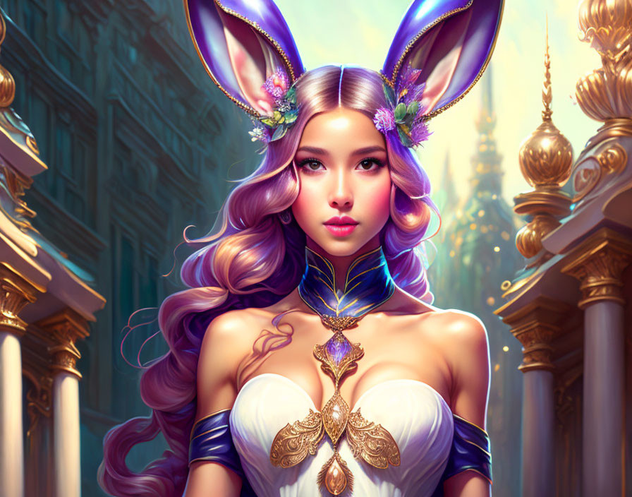 Purple-haired fantasy character with rabbit ears in elegant attire against ornate background