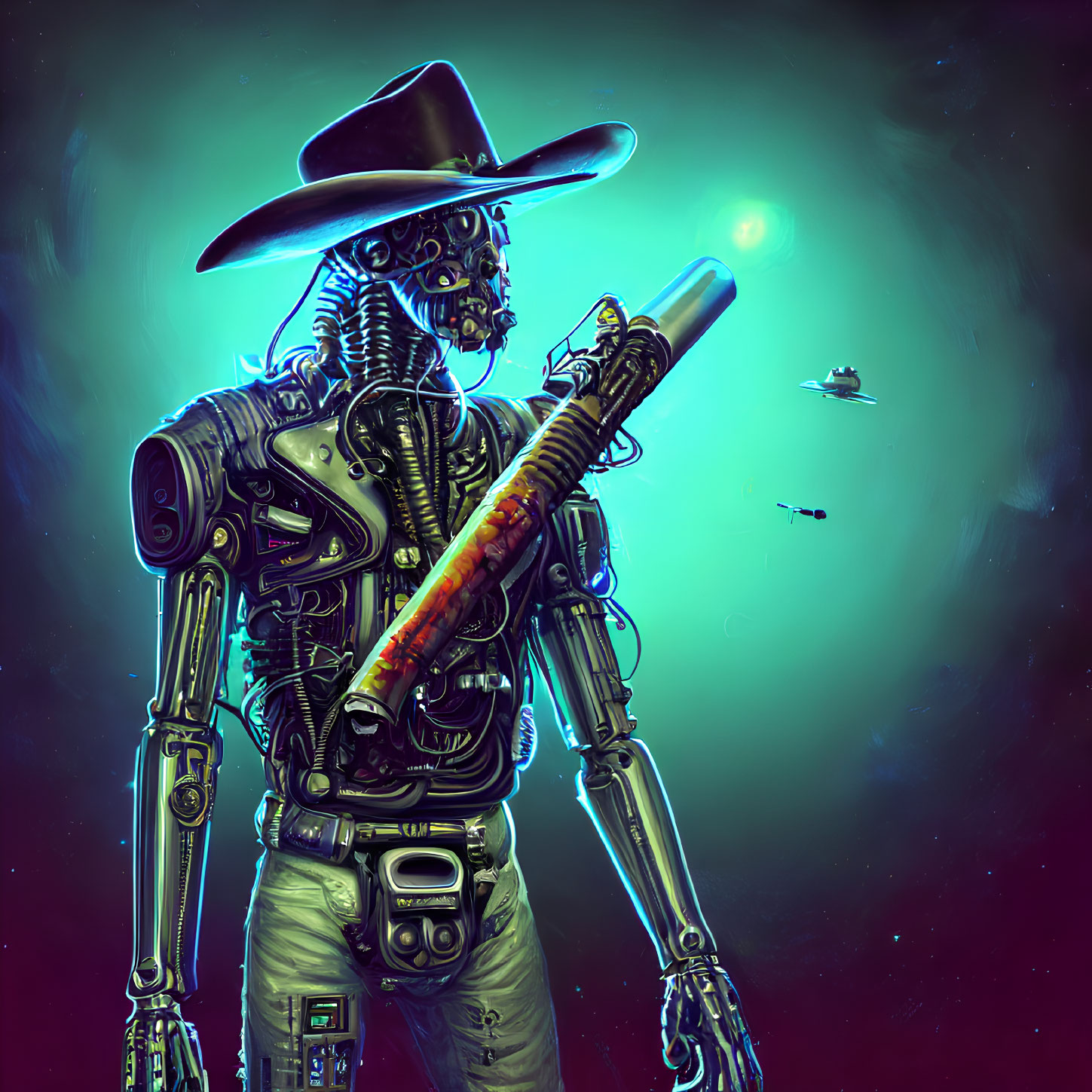 Cowboy Robot with Rifle in Cosmic Space Scene