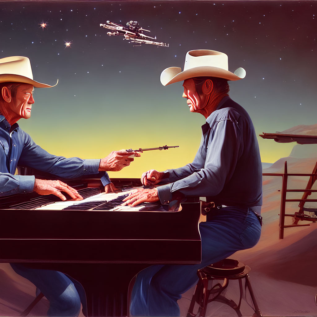 Cowboys playing piano with guns in sci-fi western setting with night sky spaceships