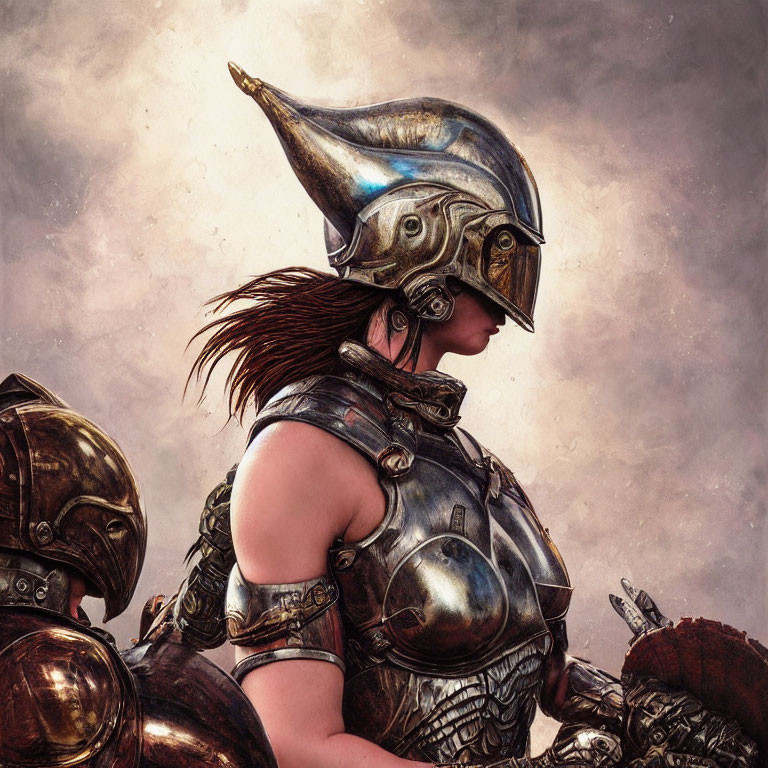 Fantasy female warrior illustration with winged helmet and intricate armor.