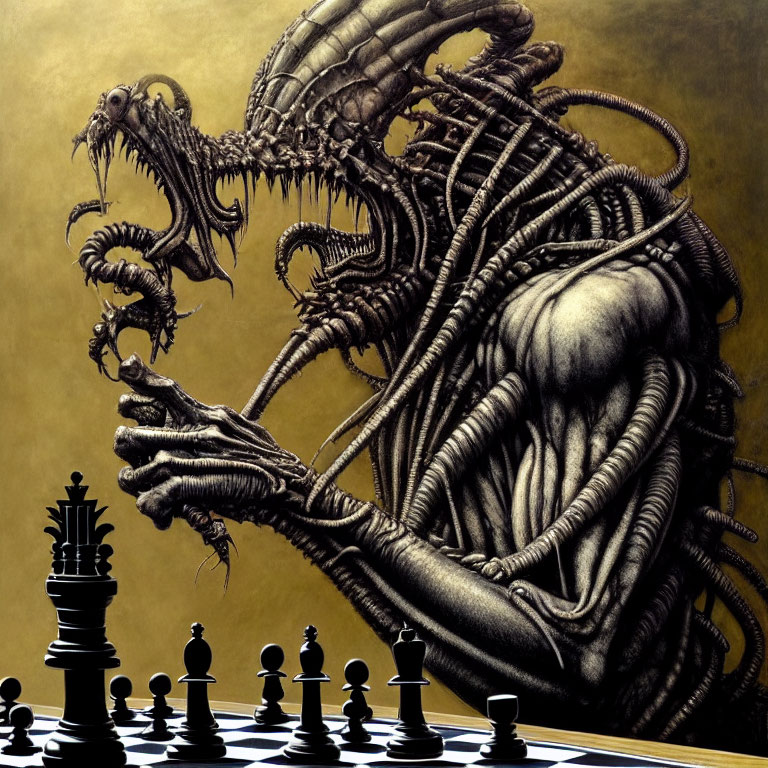 Detailed biomechanical creature playing chess illustration