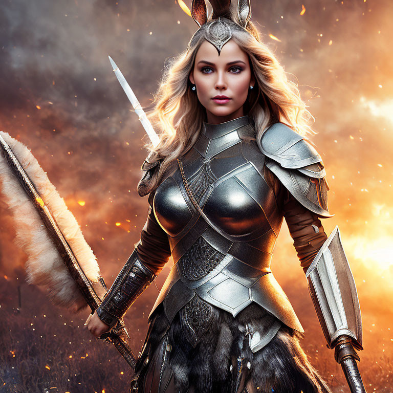 Warrior woman in silver armor with drawn sword in fiery backdrop