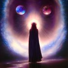 Cloaked Figure Under Cosmic Sky with Colossal Eyes