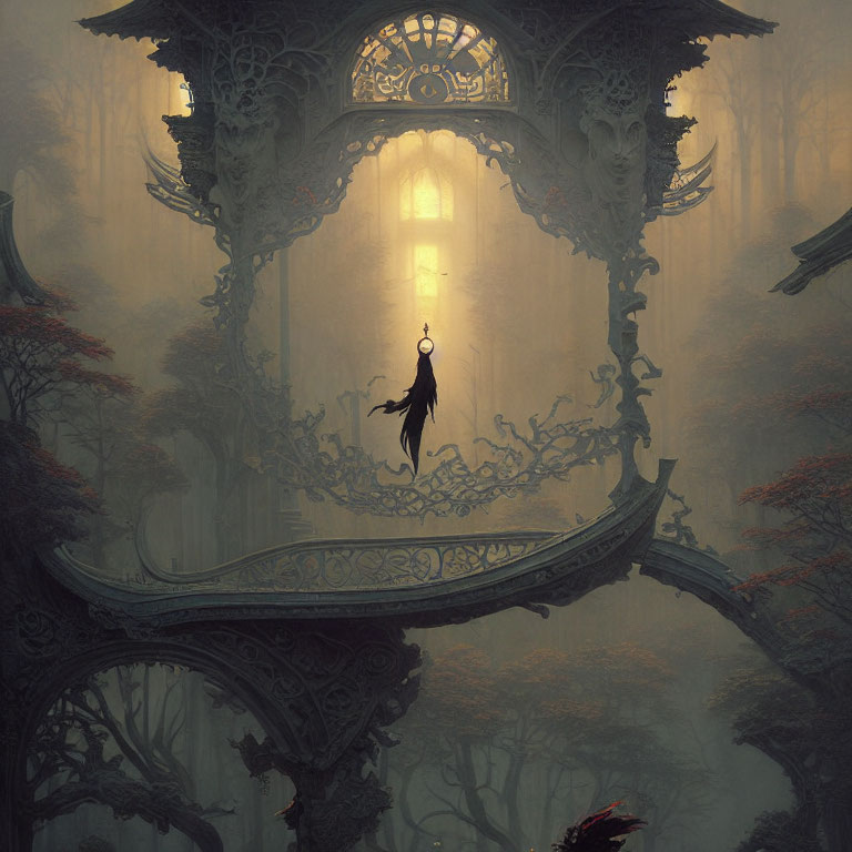 Mystical forest scene with figure swinging from ornate archway