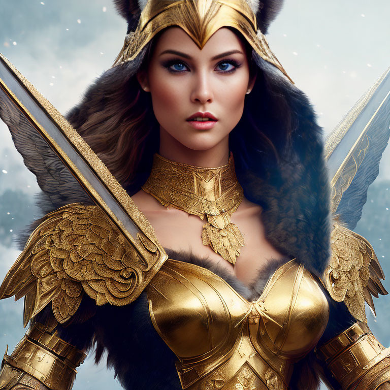 Fantasy armor woman with winged helmet in snowy setting