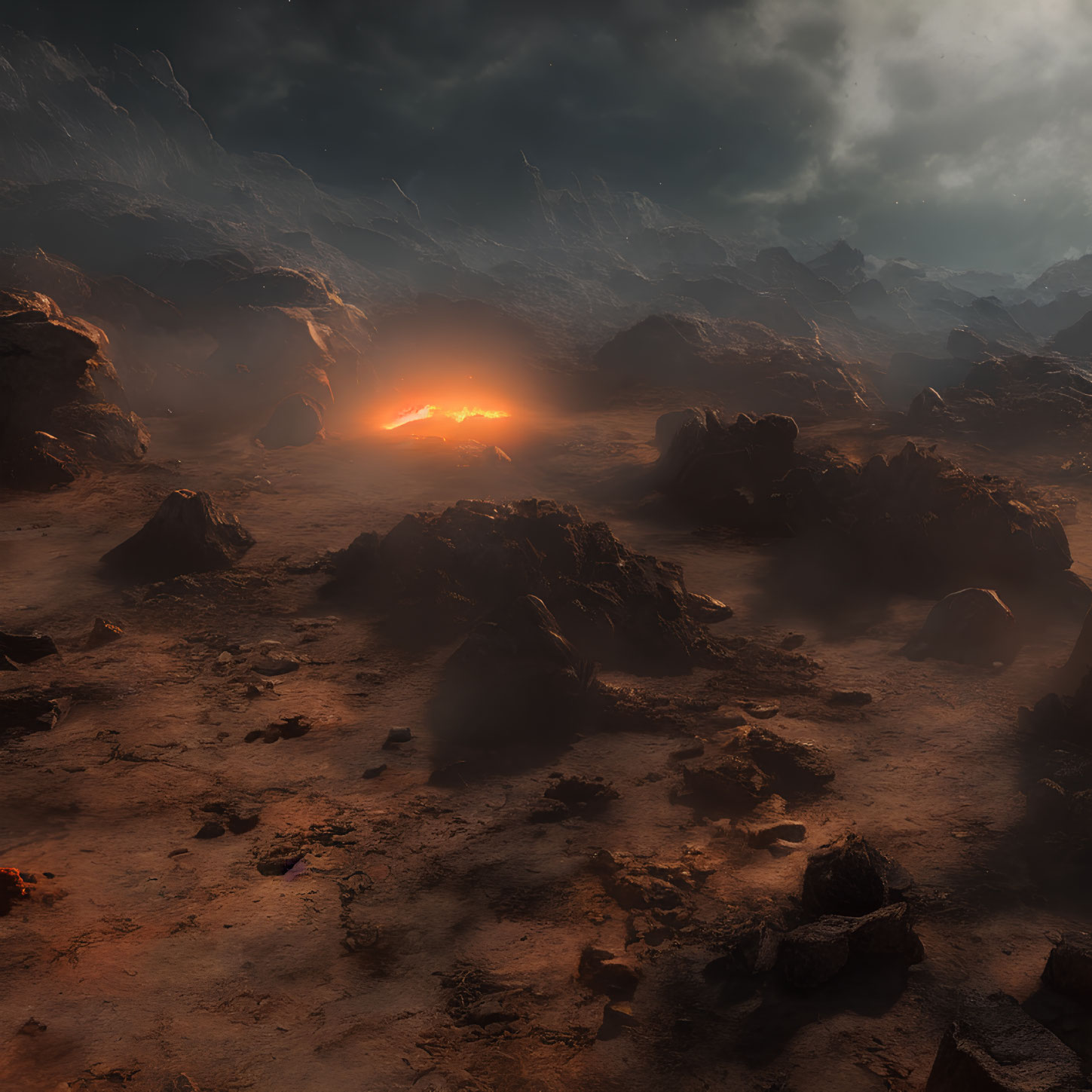 Desolate landscape with jagged rocks under stormy sky and glowing lava pit