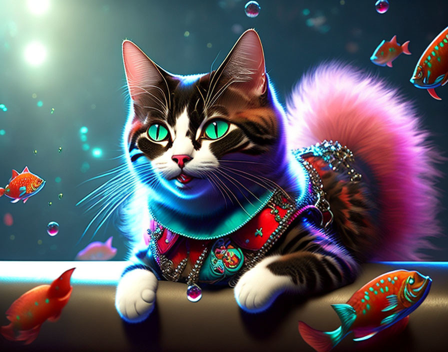 Vibrant digital cat art with jeweled harness, neon fish, bubbles