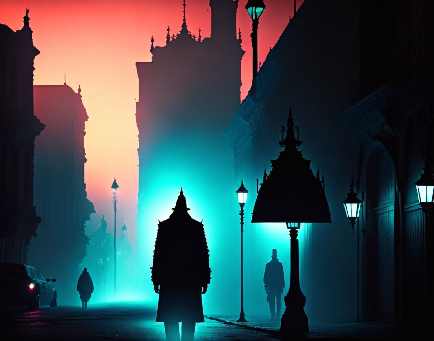 City street silhouette: person walking at dusk with teal and pink sky.