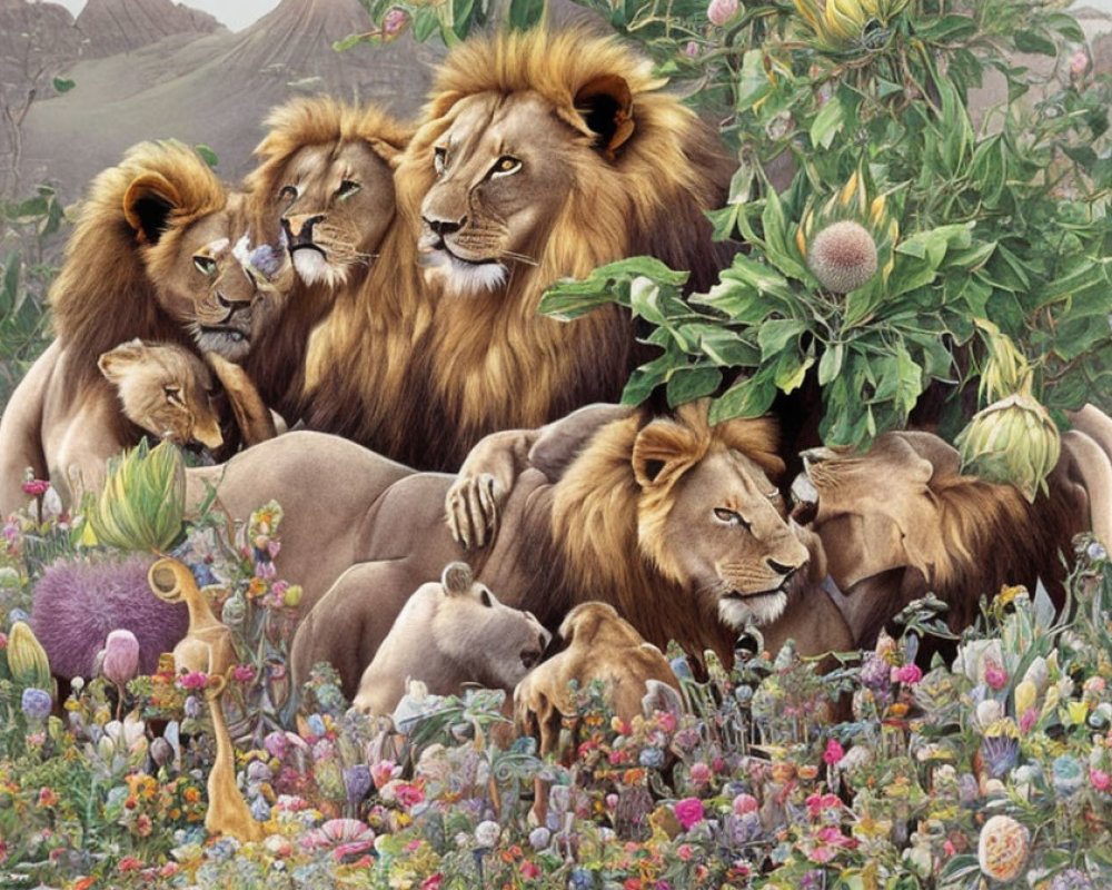 Pride of lions with males and cubs in vibrant floral setting