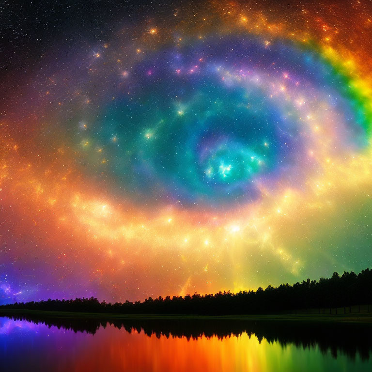 Colorful Galaxy Spiral Over Serene Lakeside Landscape