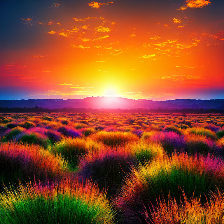 Colorful Tussocks in Vibrant Sunset Field