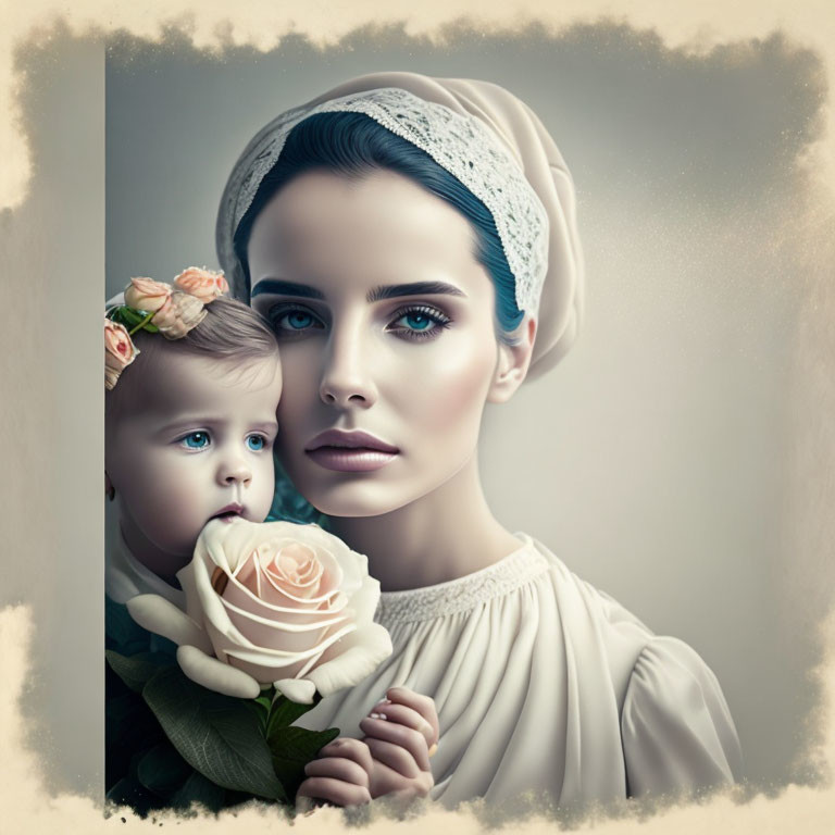 Portrait of woman with blue eyes and headscarf holding baby with floral headband.