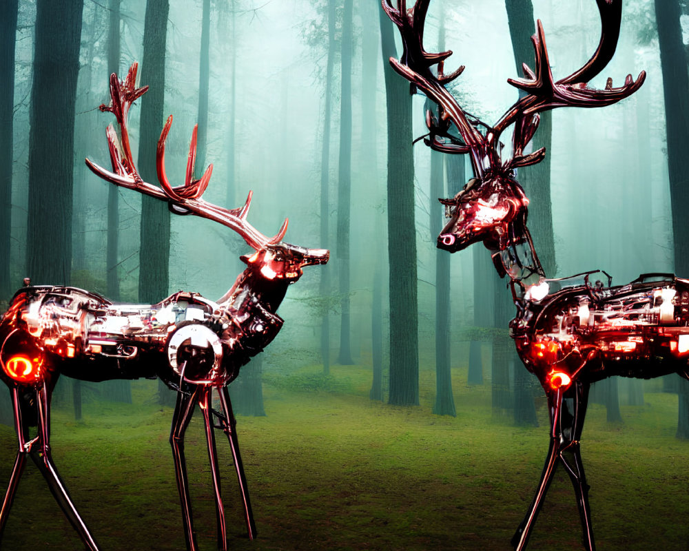 Mechanical deer with glowing red eyes in misty forest