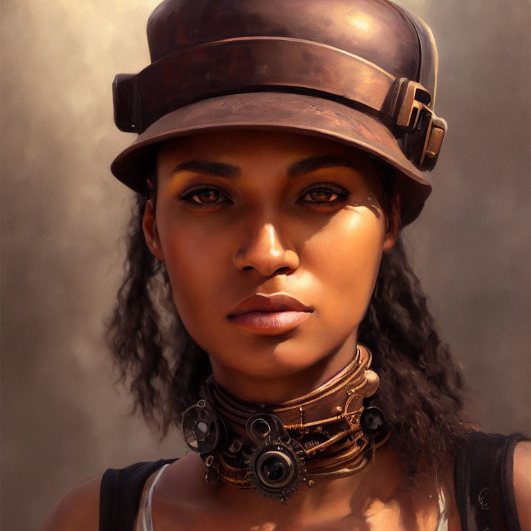 Woman with determined gaze in steampunk attire featuring leather cap and gear-adorned choker