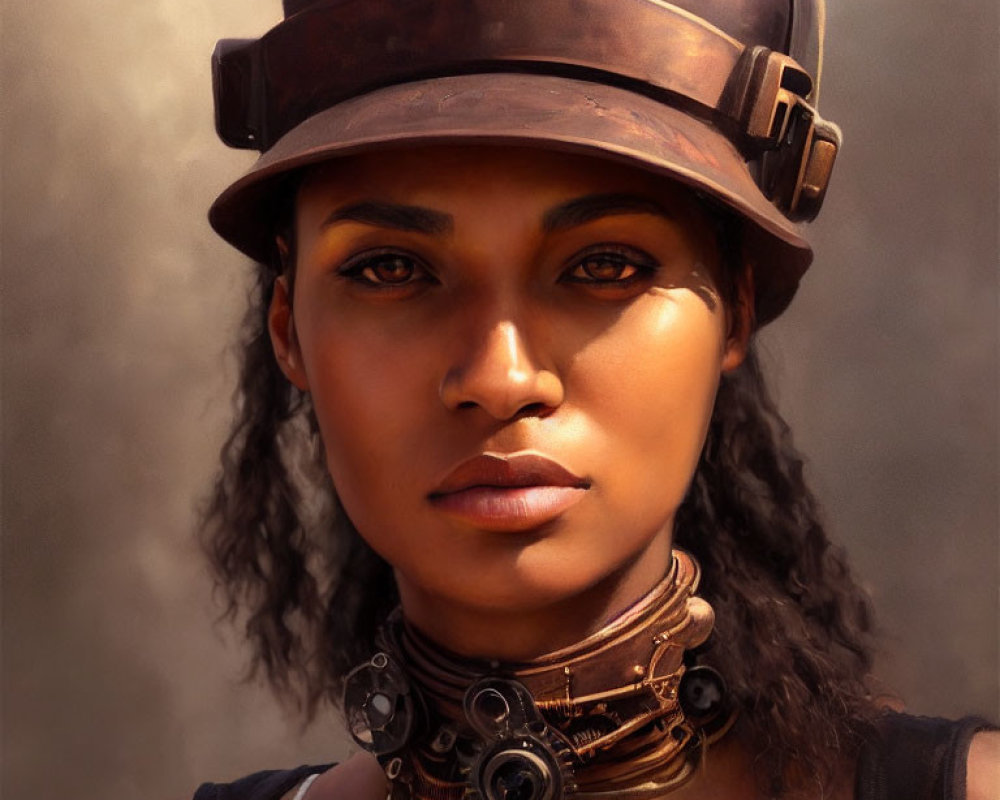 Woman with determined gaze in steampunk attire featuring leather cap and gear-adorned choker