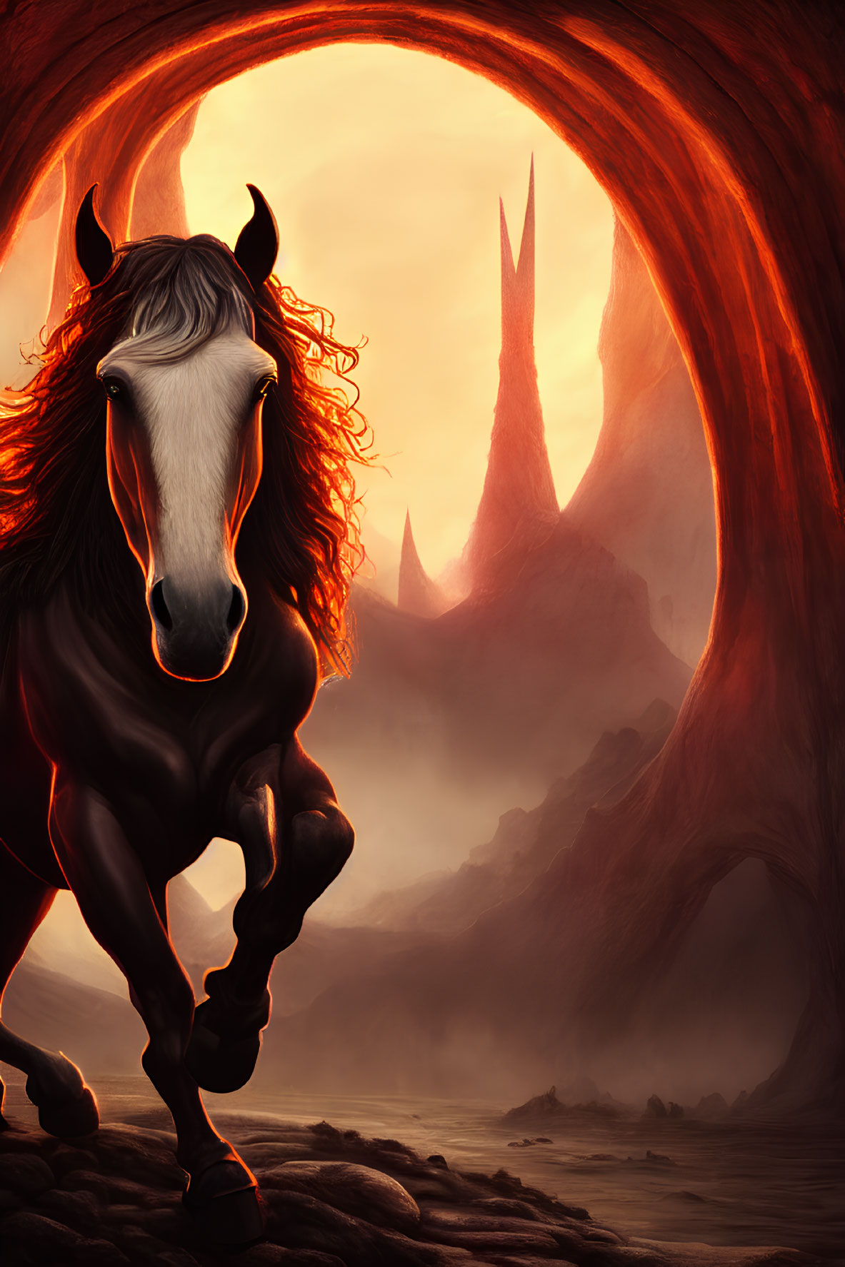 Black horse gallops under fiery red sky with surreal rock formations