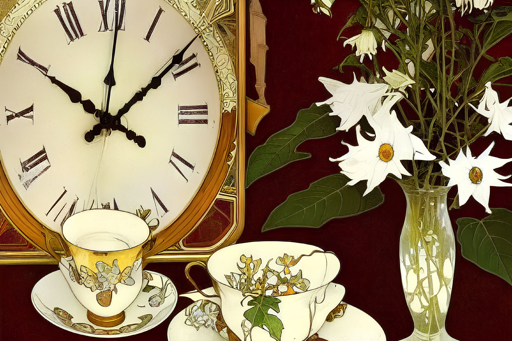 Vintage Clock, Teacups with Floral Design, White Flowers in Vase on Red Background