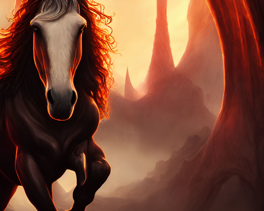 Black horse gallops under fiery red sky with surreal rock formations