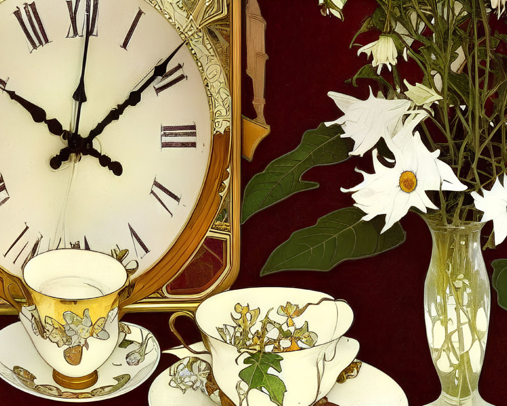 Vintage Clock, Teacups with Floral Design, White Flowers in Vase on Red Background