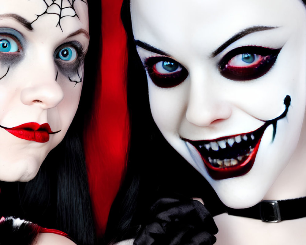 Gothic makeup with black and white face paint, red eyes, dark lipstick, spider web motif