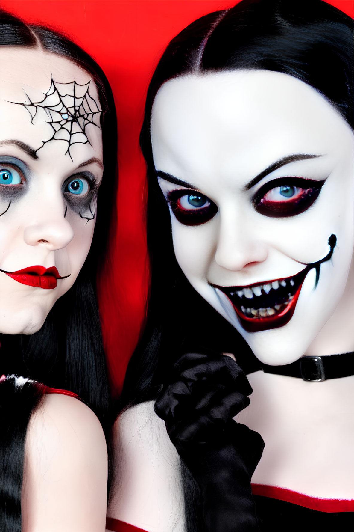 Gothic makeup with black and white face paint, red eyes, dark lipstick, spider web motif