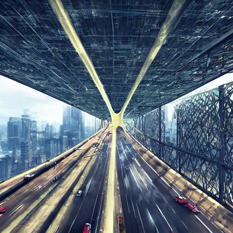 Multi-level futuristic bridge with intricate design and city skyline.