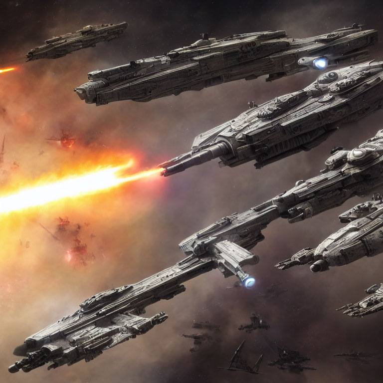 Spaceship cruisers in space with massive fiery explosion