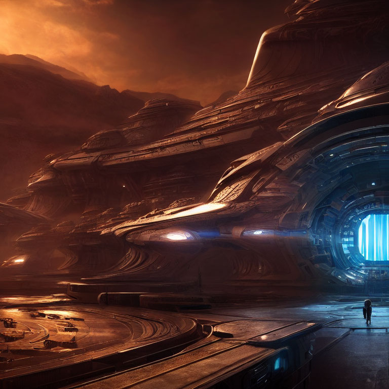 Futuristic spaceship hangar scene with person and warm lighting