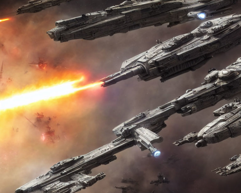 Spaceship cruisers in space with massive fiery explosion