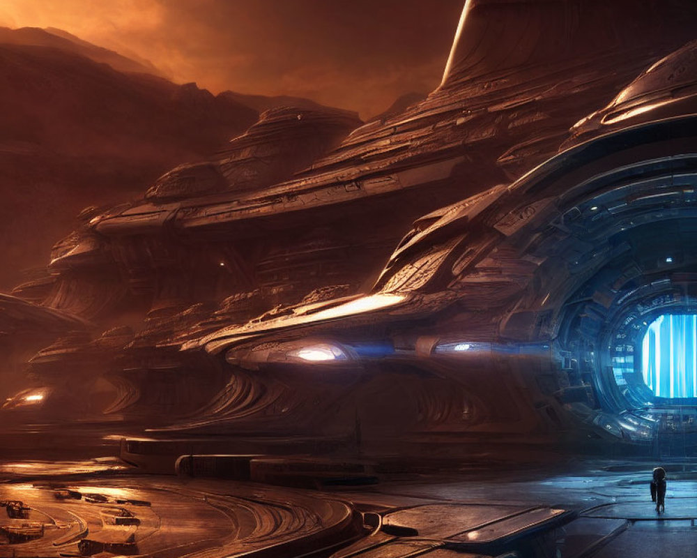 Futuristic spaceship hangar scene with person and warm lighting