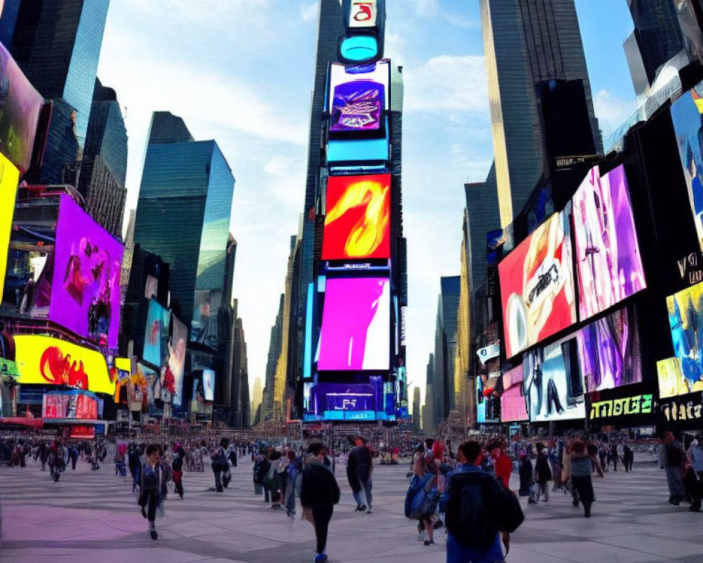 Vibrant digital billboards in bustling Times Square at evening