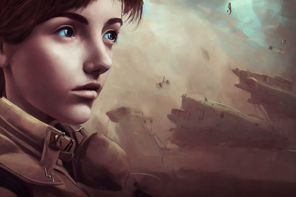 Futuristic digital painting of young woman in militaristic outfit with airships in war-torn setting