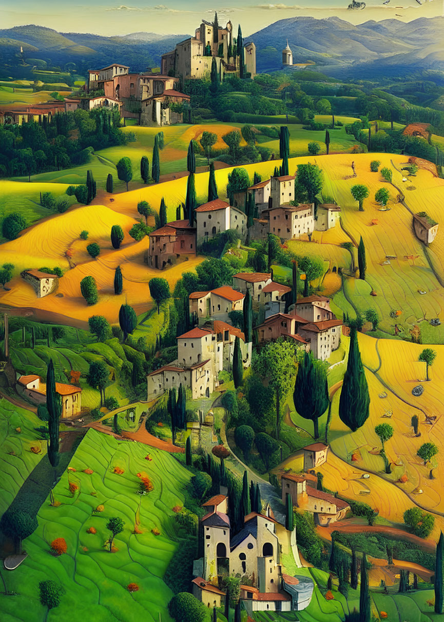 Tranquil Tuscan landscape: rolling hills, cypress trees, wheat fields, villas under