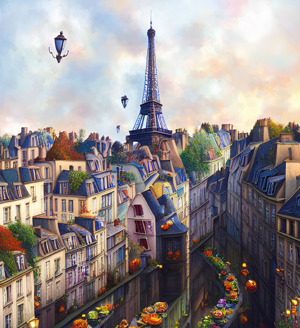 Exaggerated Parisian street scene with Eiffel Tower and vibrant flowers