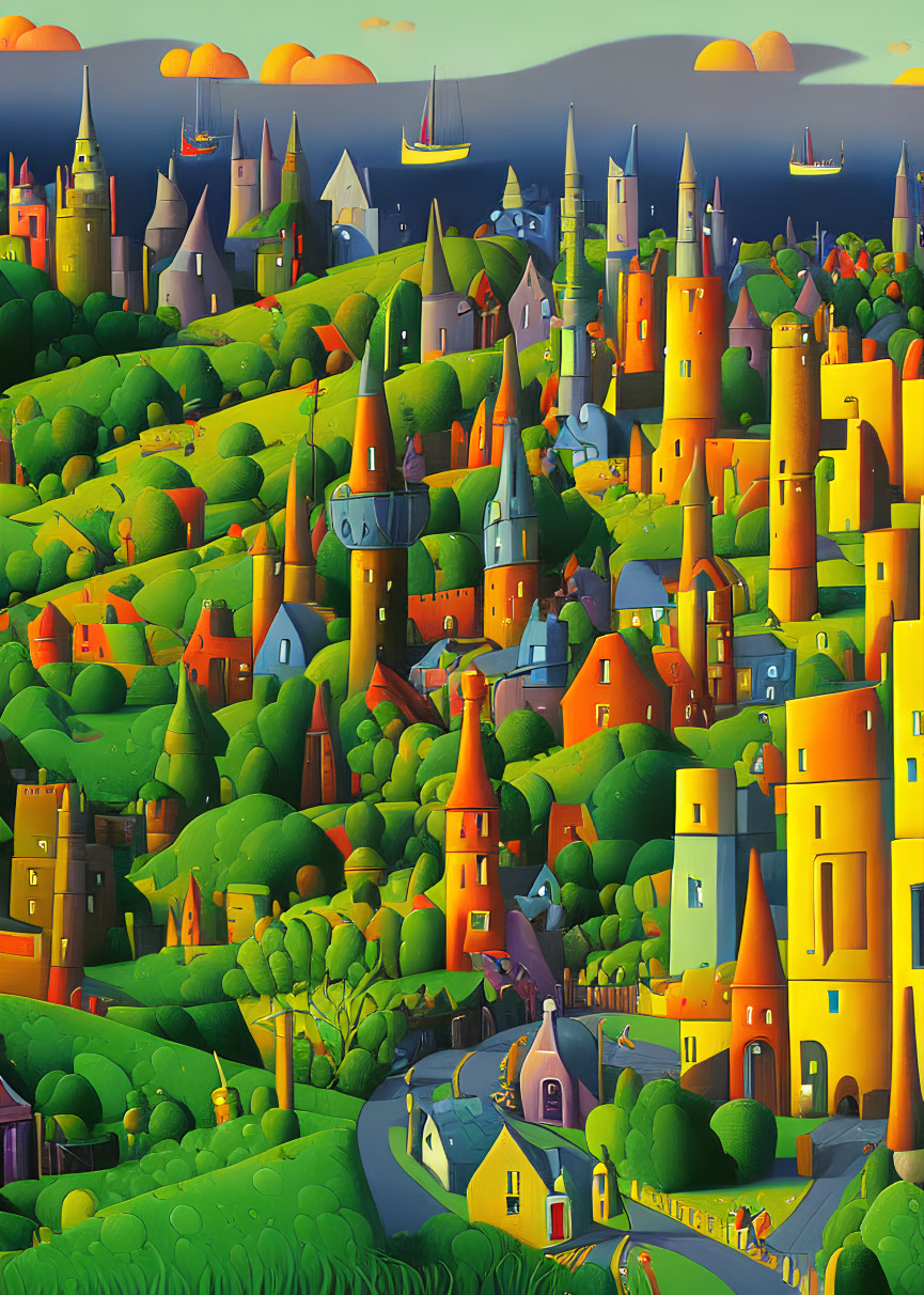 Colorful landscape with castles, towers, road, and ships on horizon