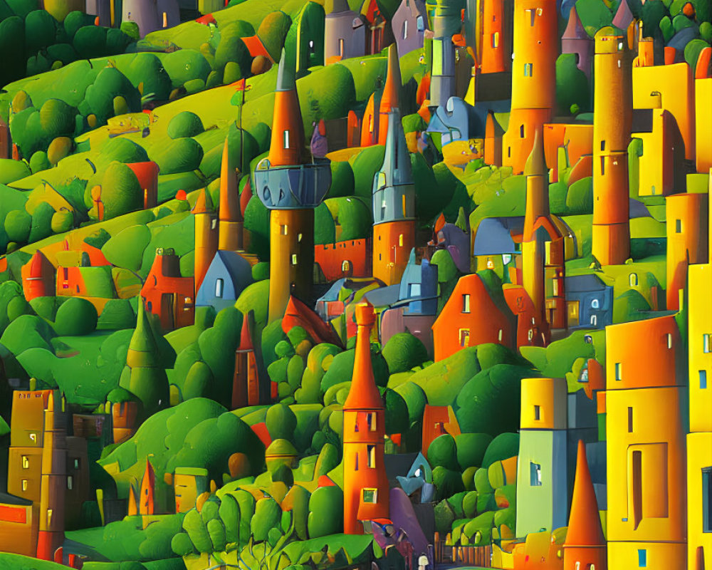 Colorful landscape with castles, towers, road, and ships on horizon