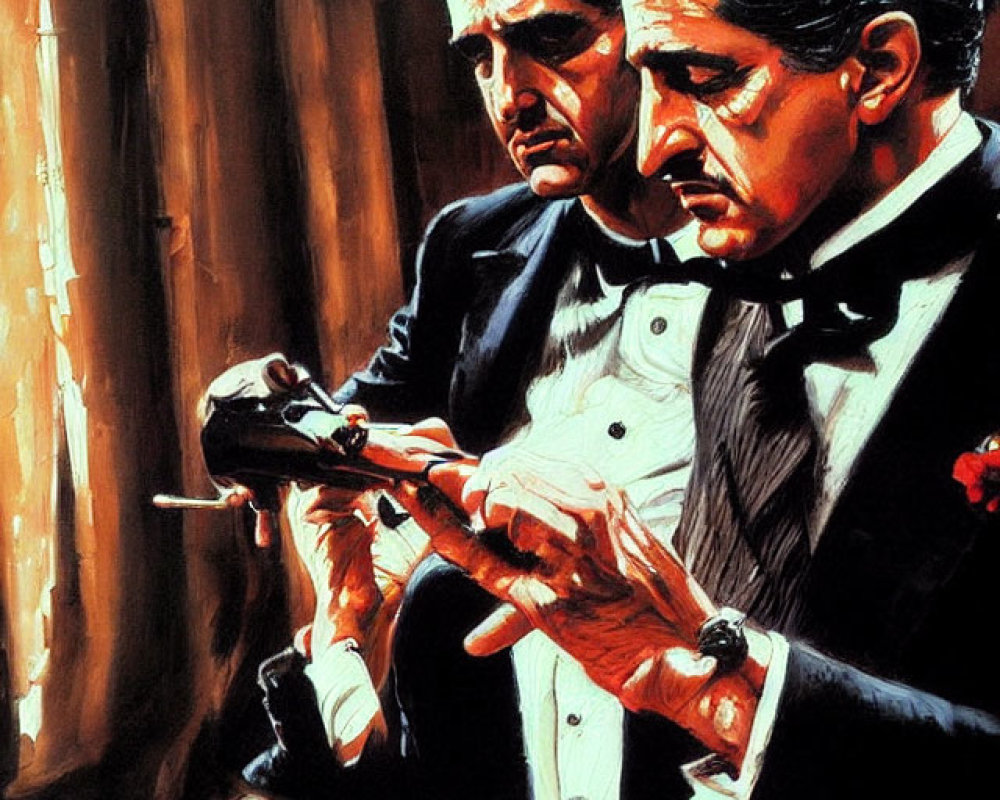 Classic film scene with two men, one holding a gun and the other a cigarette, focused on an