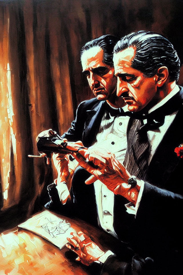 Classic film scene with two men, one holding a gun and the other a cigarette, focused on an