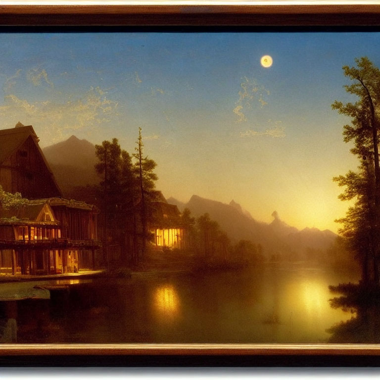 Tranquil lake at dusk with mountains, full moon, and rustic cabins